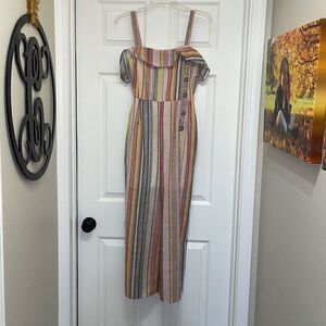 ✨Hummingbird Multicolored Striped Crop length Jumpsuit with Ruffle & Buttons